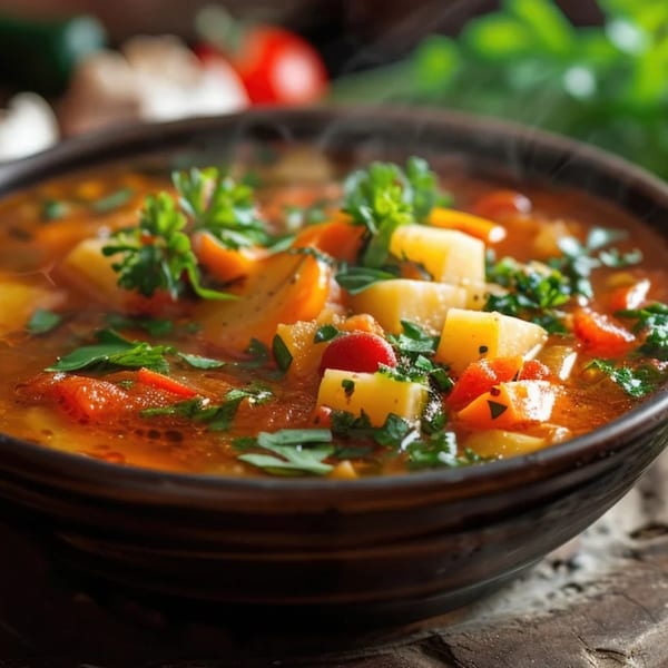 Steaming bowl of Everest Curry And MoMo House's vegetable soup with potatoes, carrots, and herbs.