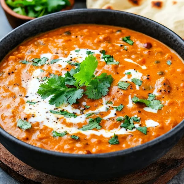 Close-up of Everest Curry And MoMo House's Nepalese curry, garnished with cream and fresh cilantro.