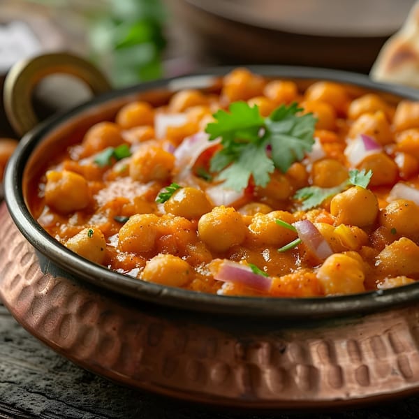 Close-up of Nepalese chickpea curry in a hammered copper bowl, garnished with cilantro and red onion.