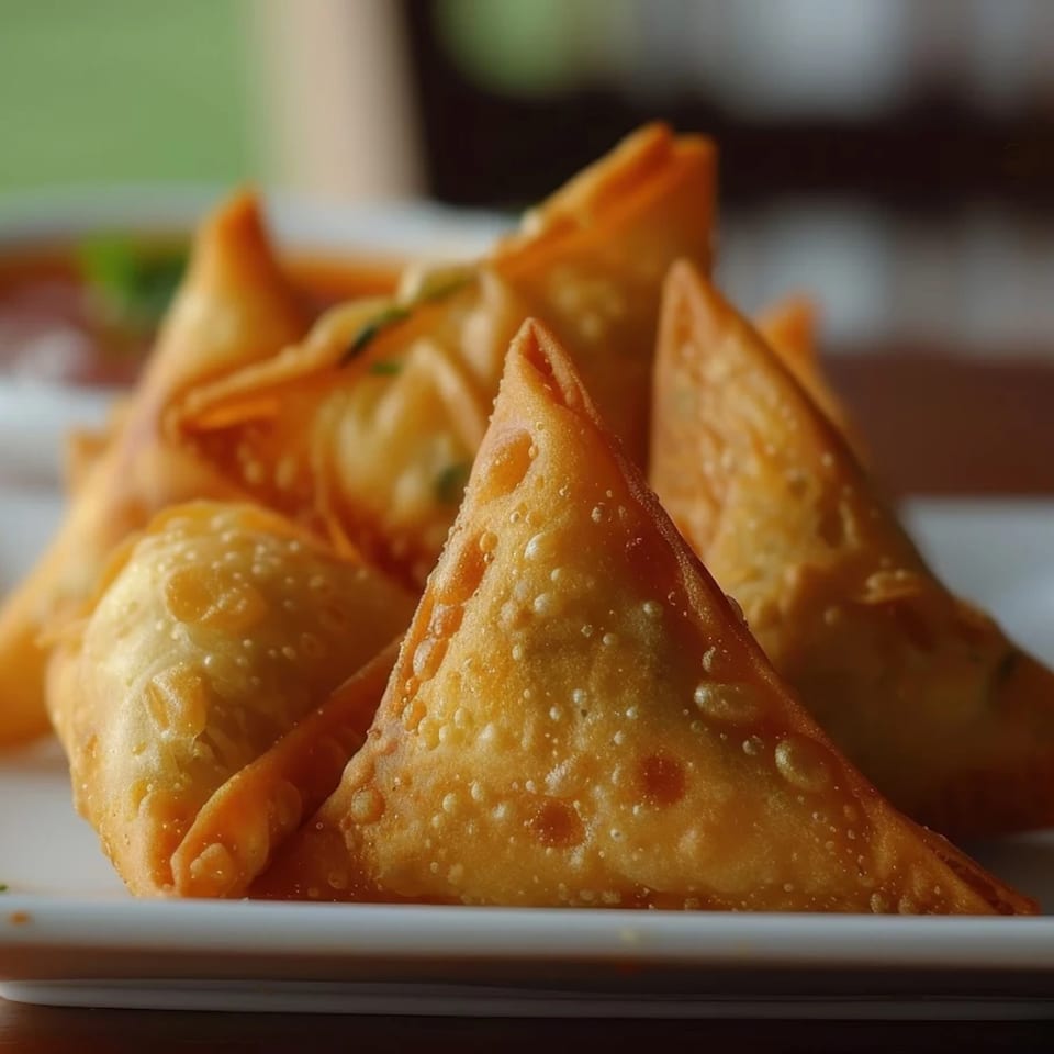 Close-up of golden-brown, crispy Nepalese samosas, triangular and filled, on a white plate.