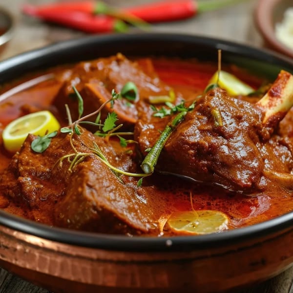 Nepalese lamb curry with bone-in meat, garnished with lemon slices and herbs in a copper pot.