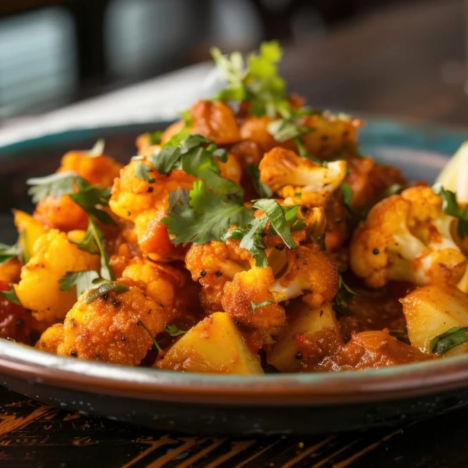 A close-up of Everest Curry And MoMo House's Aloo Gobi, a Nepalese dish with cauliflower and potatoes.