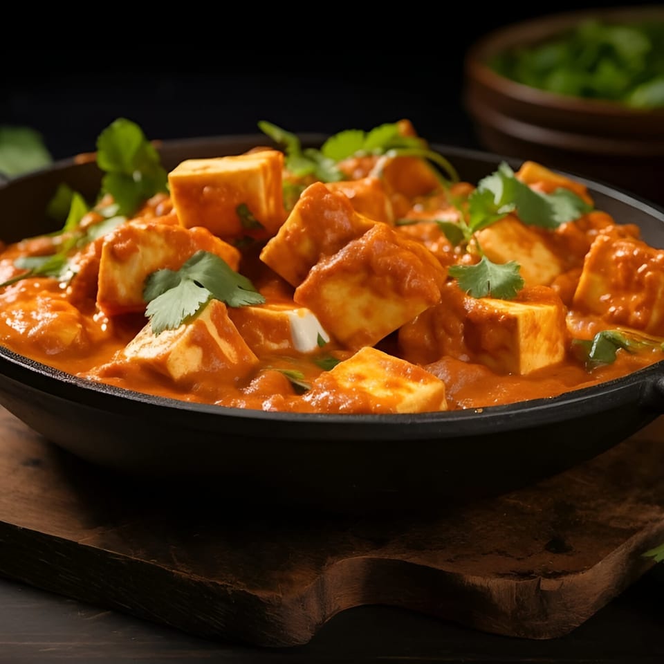 Close-up of Everest Curry And MoMo House's paneer butter masala, garnished with fresh cilantro.